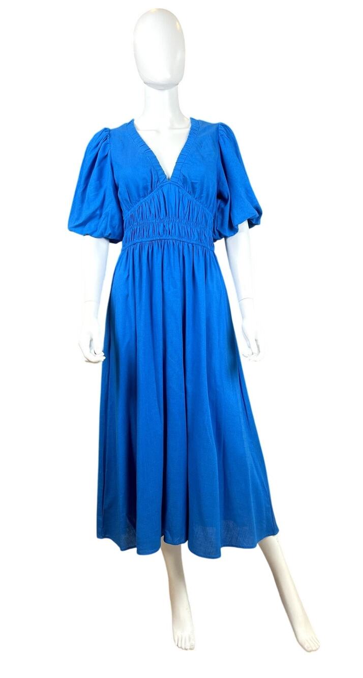 White Closet Elements Blue Puff‑Sleeve Midi Dress – Size S (NWT)